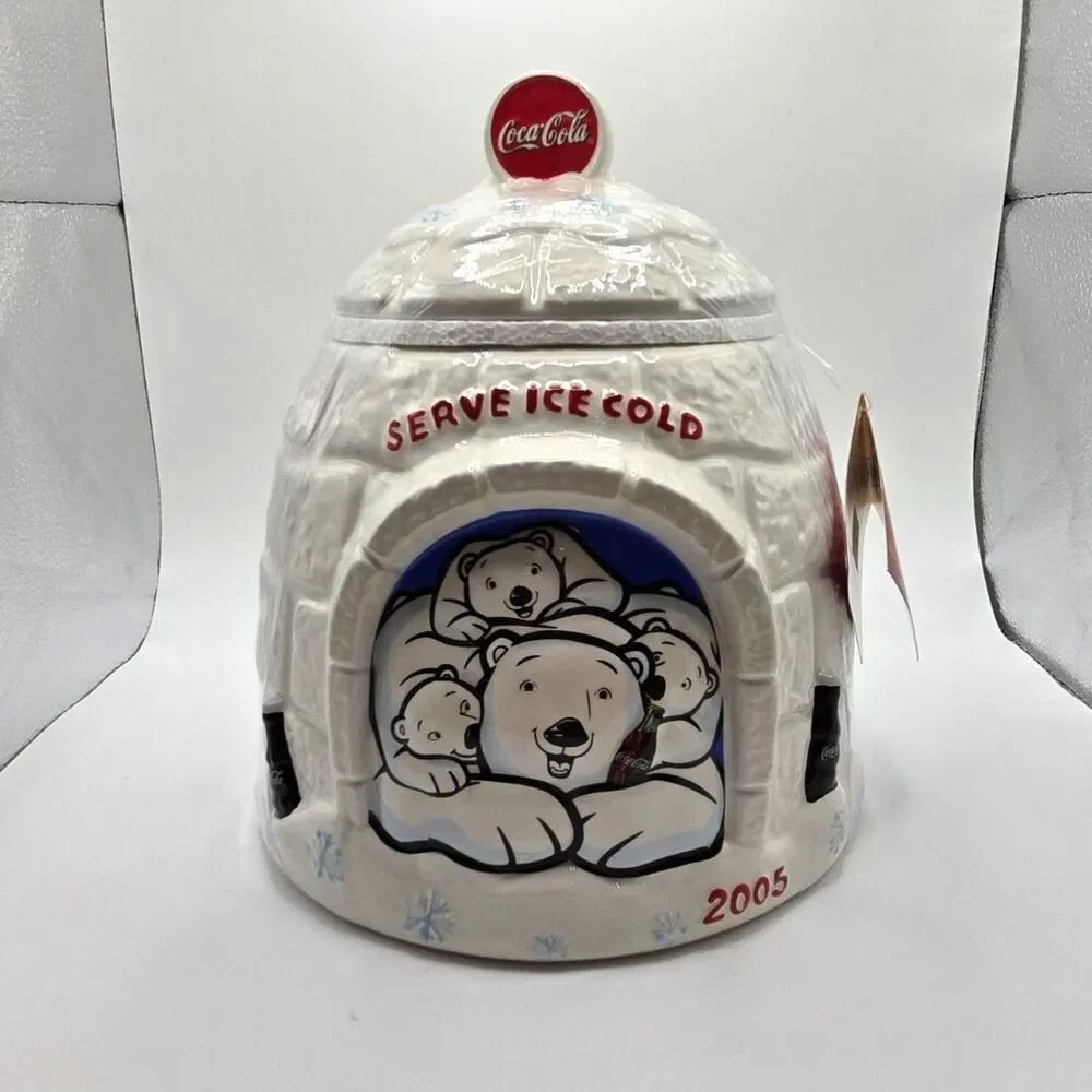 Vintage 2005 Coca-Cola Polar Bear Igloo Ceramic Cookie Jar NWT